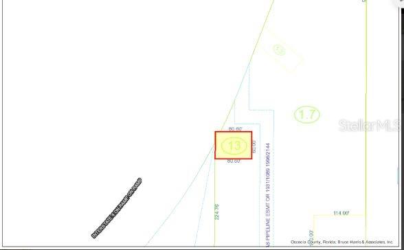 This is a survey map showing a rectangular parcel of land labeled 13 — N OLD LAKE WILSON ROAD, KISSIMMEE, FL