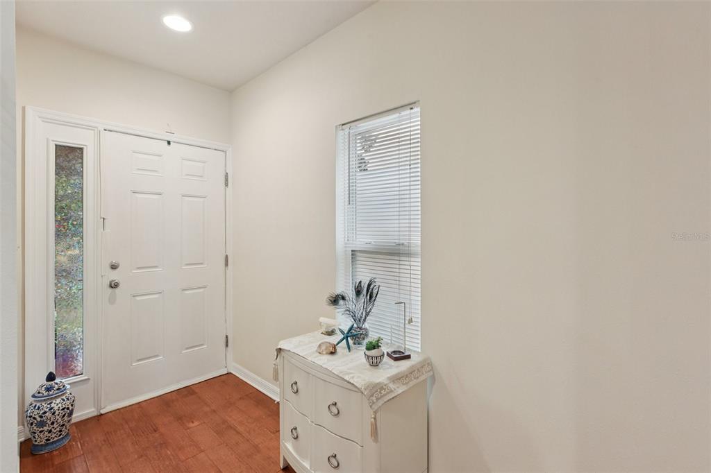 An entryway features hardwood flooring, a white front door with a sidelight, and a dresser — 1844 SOMMARIE WAY, TARPON SPRINGS, FL