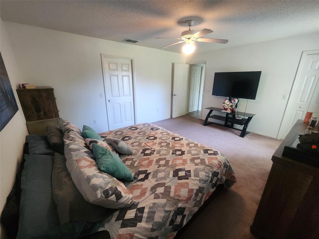 A bedroom features a bed with a patterned comforter, a television, and a ceiling fan — 2601 SUNDANCE CIRCLE, MULBERRY, FL