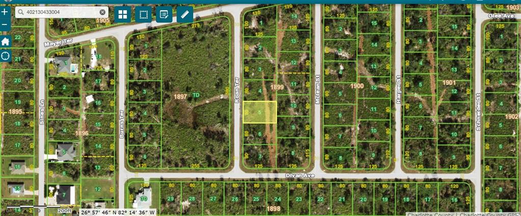 This is a satellite map view showing residential land parcels and street layouts — 4390 ROAN TERRACE, PORT CHARLOTTE, FL