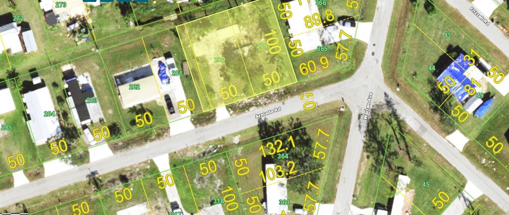 This is an aerial map showing property lines and lot dimensions for a residential area — 14484 ARMADA ROAD, PORT CHARLOTTE, FL