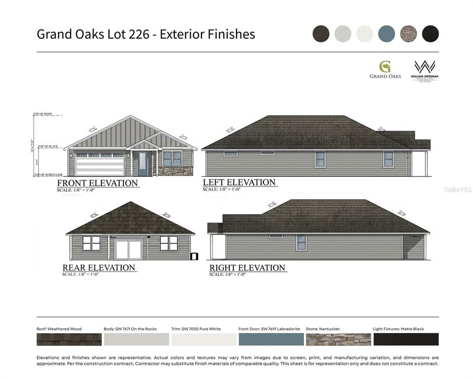 This architectural rendering displays the exterior elevations and finish specifications for a residential home — 1086 SW 67TH WAY, GAINESVILLE, FL