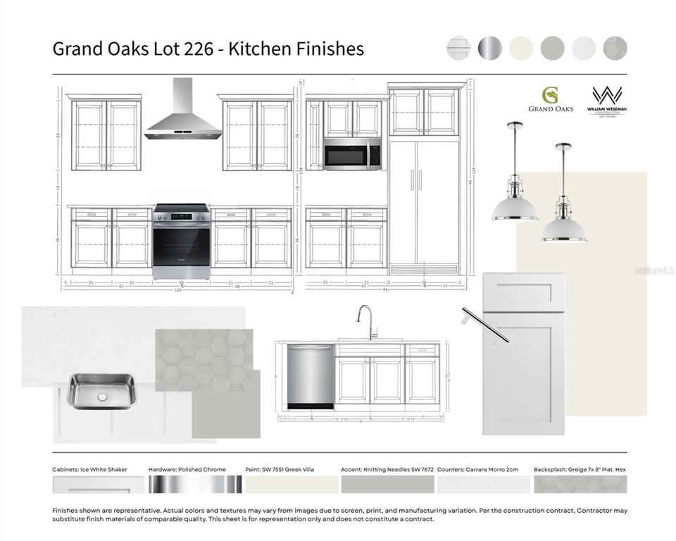 This is a digital rendering of kitchen design finishes, including cabinetry, hardware, and flooring samples — 1086 SW 67TH WAY, GAINESVILLE, FL