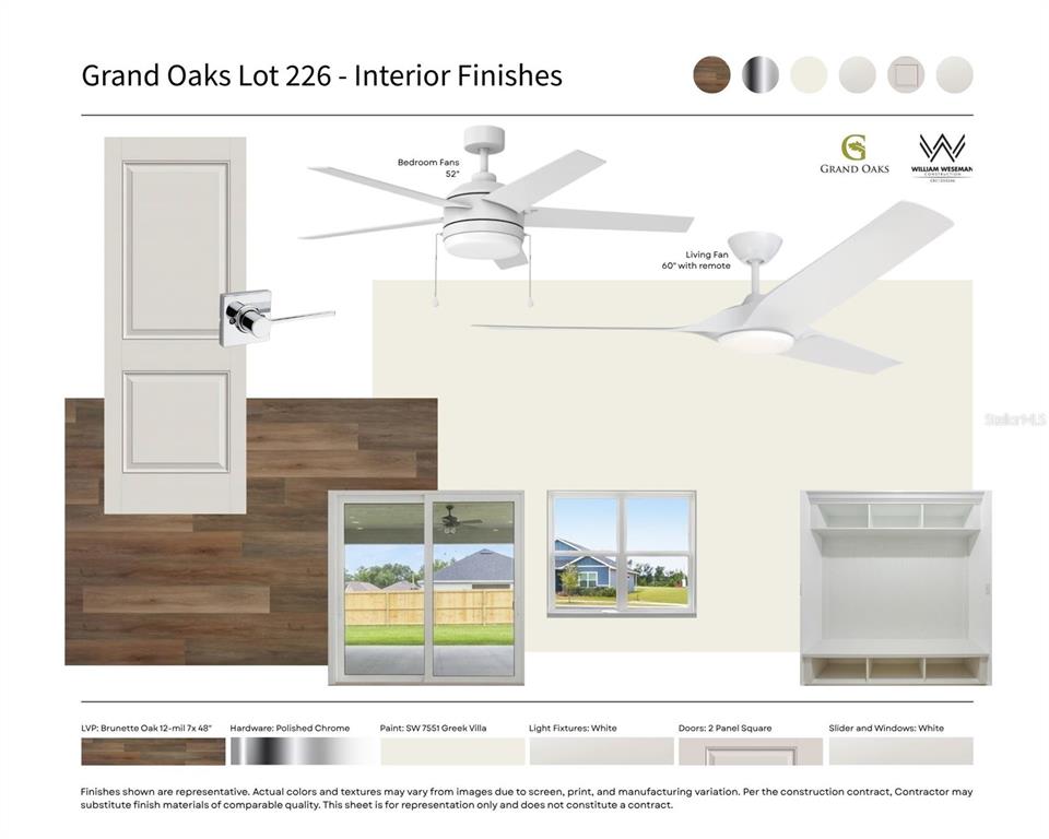 This interior finishes rendering displays flooring, door hardware, paint, light fixtures, and window styles — 1086 SW 67TH WAY, GAINESVILLE, FL