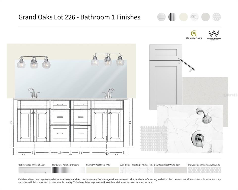 This rendering displays the bathroom finish selections for a home, including cabinetry, tile, and hardware — 1086 SW 67TH WAY, GAINESVILLE, FL