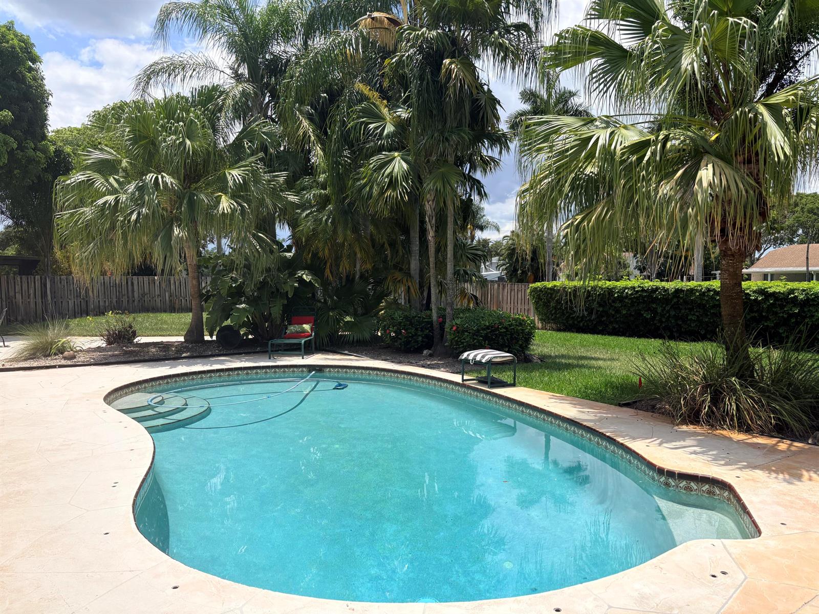 A backyard features a kidney-shaped swimming pool surrounded by palm trees and a grassy lawn — 15943 W Wind Circle, Sunrise FL 33326, SUNRISE, FL