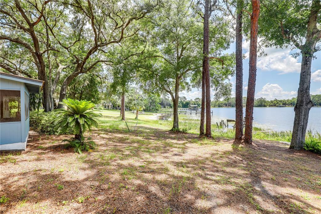 A grassy yard with trees and a palm plant leads to a lake with a dock — 104 CARTER WHITTAKER LANE, POMONA PARK, FL