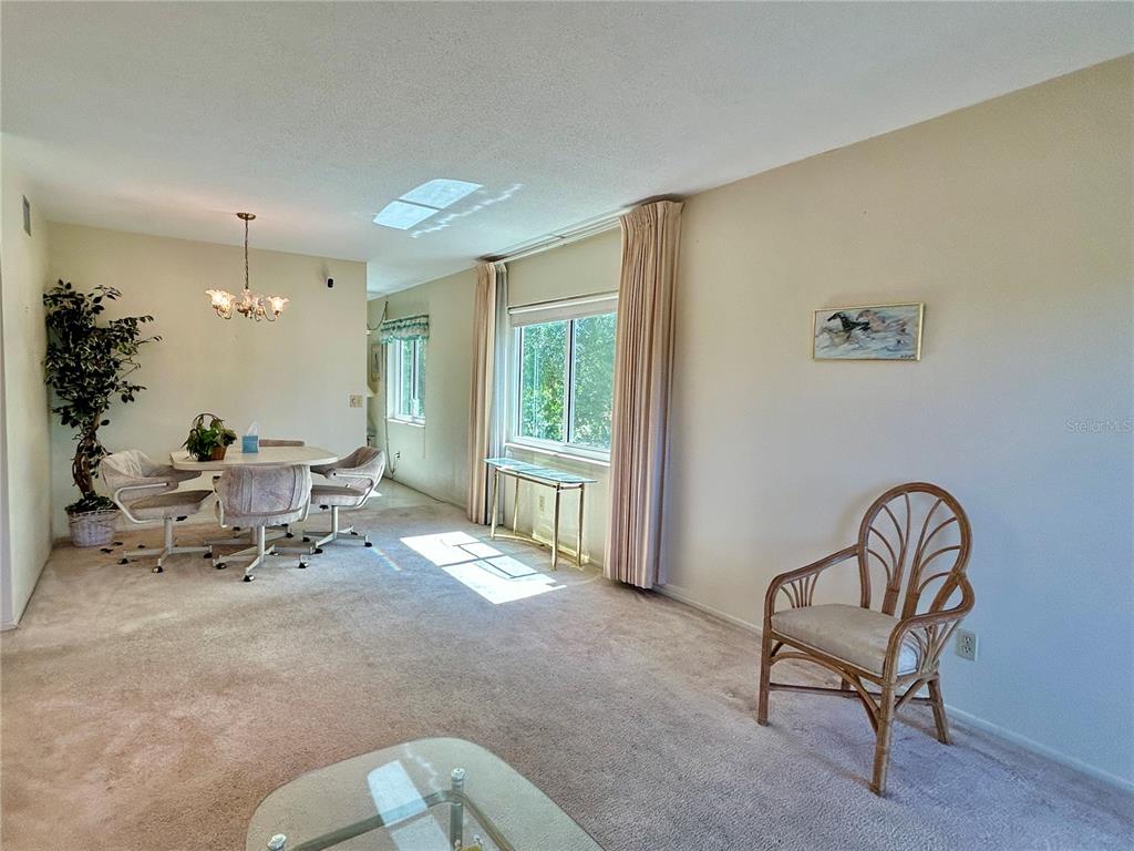 A living and dining area features beige carpeting, neutral walls, and a large window — 2464 AUSTRALIA WAY E UNIT 78, CLEARWATER, FL