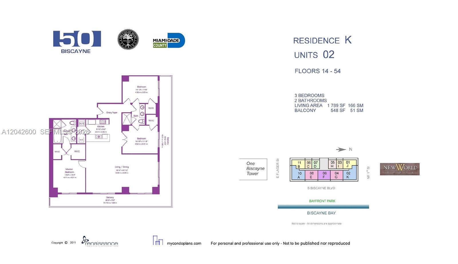 This is a floor plan for a three-bedroom, two-bathroom residential unit with a balcony — 50 Biscayne Blvd # 5202, Miami FL 33132, MIAMI, FL