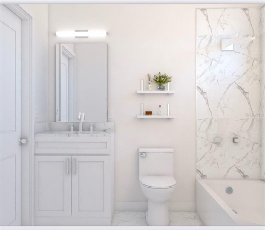 This rendering shows a modern bathroom with a white vanity, toilet, and marble-tiled bathtub — 0 LITTLEFIELD LANE, NORTH PORT, FL