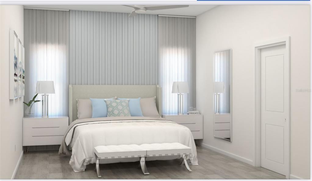 This rendering shows a bedroom with a light-colored bed, vertical wall paneling, and two windows — 0 LITTLEFIELD LANE, NORTH PORT, FL