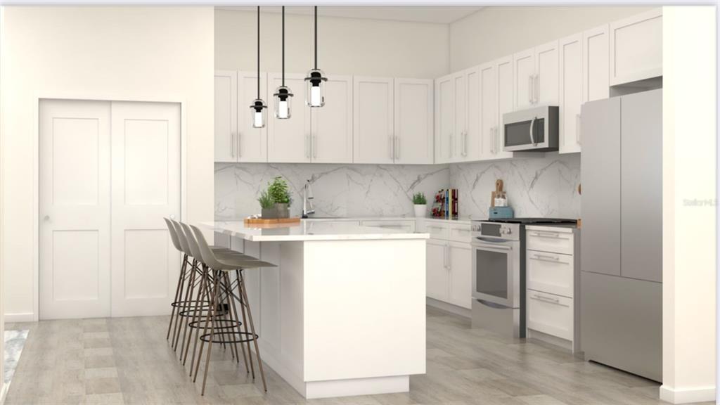 This rendering shows a modern kitchen with white cabinets, a marble backsplash, and an island — 0 LITTLEFIELD LANE, NORTH PORT, FL