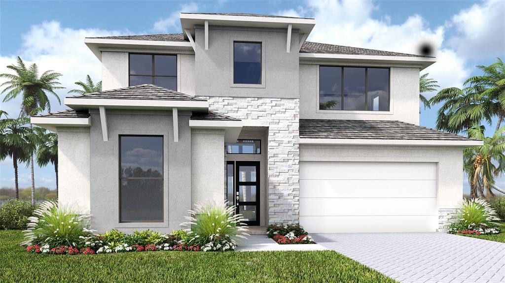 This is a digital rendering of a two-story house with a white stone facade — 3816 COUNTRY VIEW COURT, BRADENTON, FL