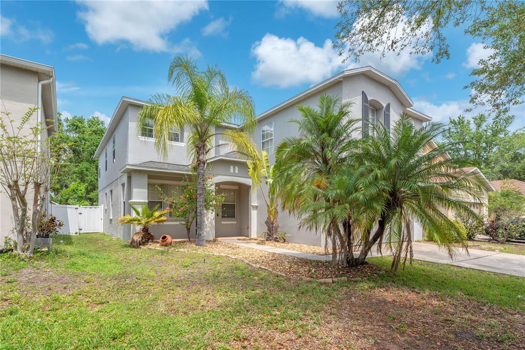 A two-story gray house with a palm tree in the front yard — 10638 DAWNS LIGHT DRIVE, RIVERVIEW, FL
