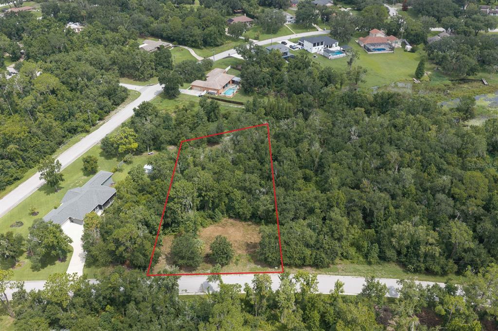 An aerial view shows a wooded, rectangular vacant lot outlined in red along a road — 0 LAKE HILLS DRIVE, RIVERVIEW, FL
