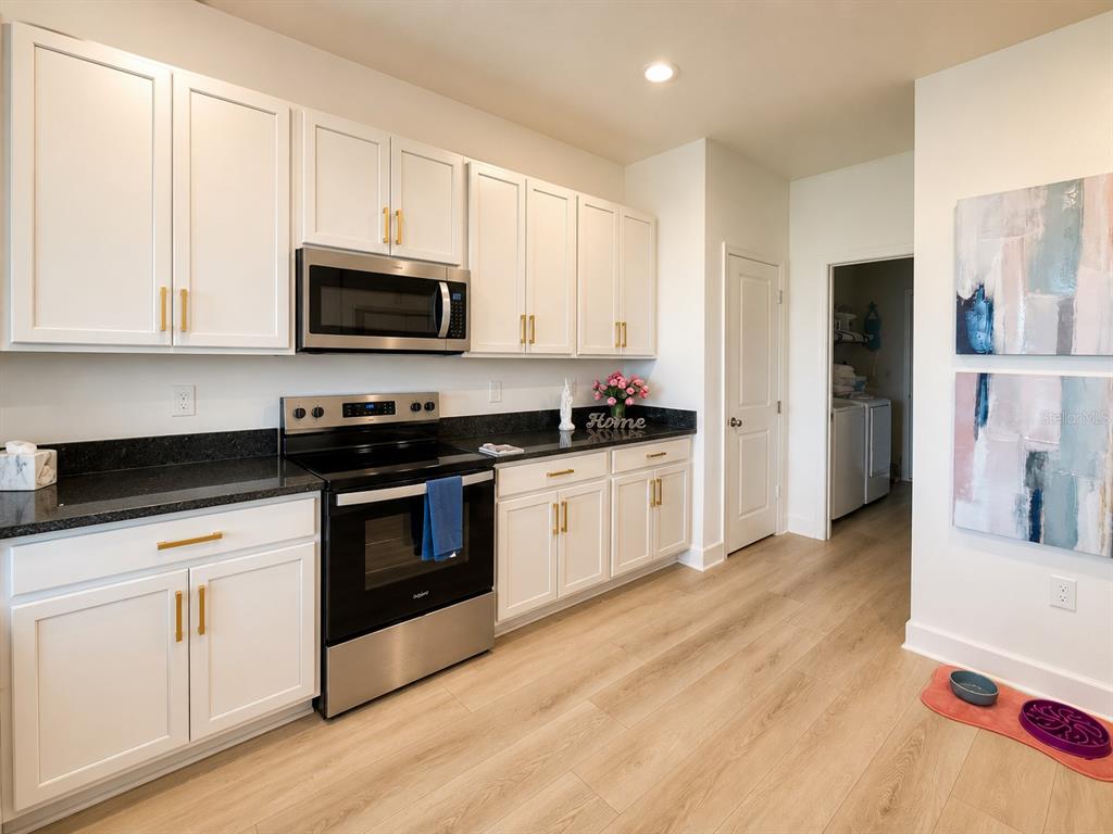 A kitchen features white cabinets, black countertops, stainless steel appliances, and light wood-look flooring — 16522 BROOK ISLE WAY, CLERMONT, FL