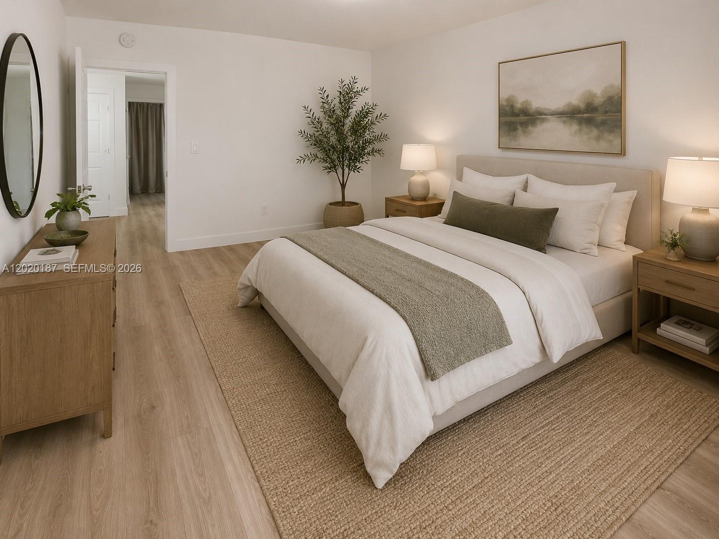 This is a digitally staged bedroom featuring a bed, nightstands, and light wood flooring — 791 SW 64th Ave # 4, Miami FL 33144, MIAMI, FL