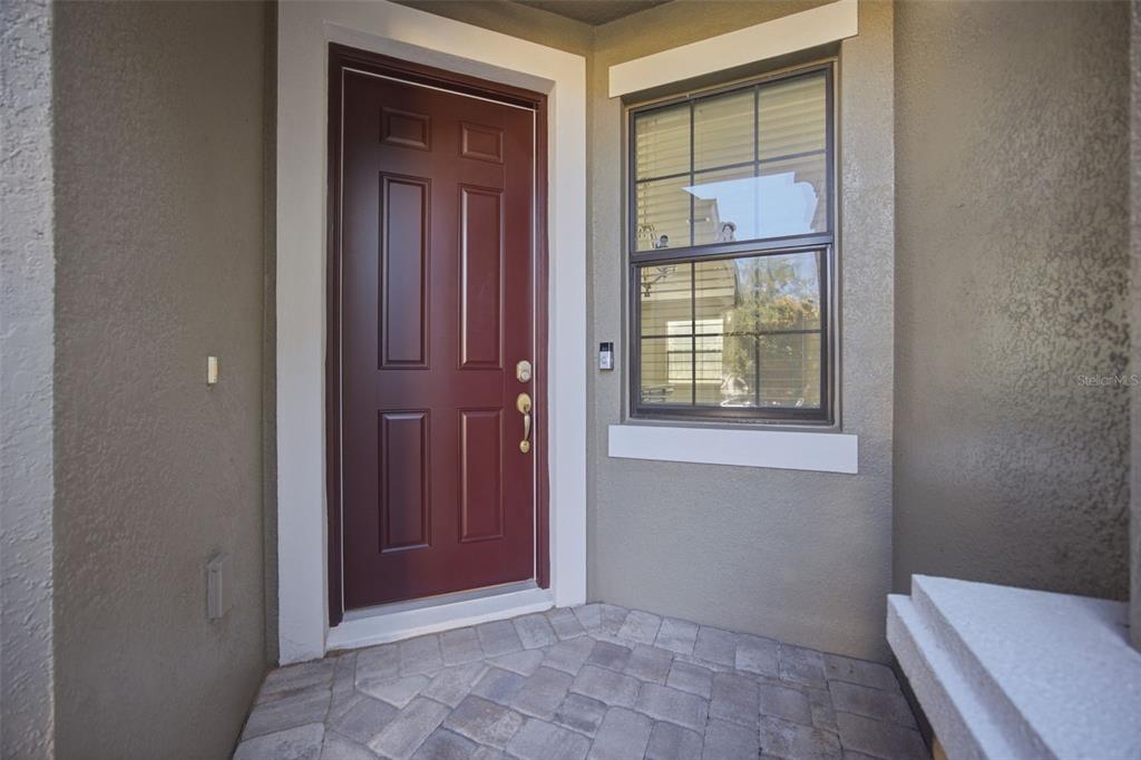 A front entryway features a dark red door, a window with muntins, and paver flooring — 4905 WANDERING WAY, WESLEY CHAPEL, FL