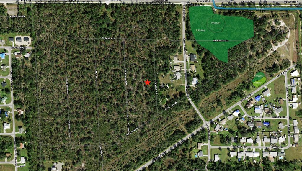 This aerial map shows a wooded residential area with a red star marking a lot — 239 SAWFISH LANE, PUNTA GORDA, FL