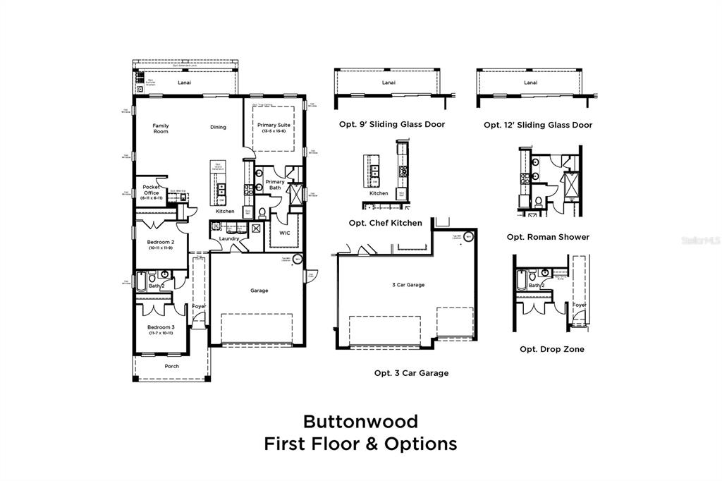 This is a floor plan for a house featuring three bedrooms, a garage, and options — 30245 RUSTIC MILL STREET, MOUNT DORA, FL