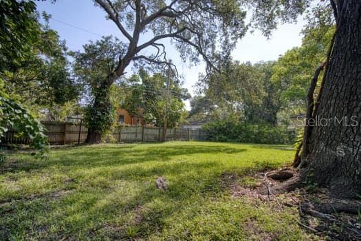 A grassy backyard features mature trees and a wooden fence under a clear blue sky — 000 NEWTON AVENUE S, ST PETERSBURG, FL