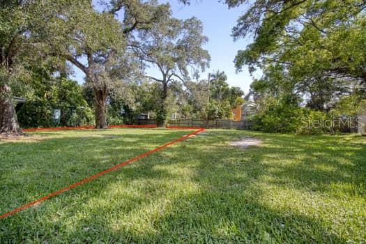 A grassy, tree-lined vacant lot is outlined in red against a clear blue sky — 000 NEWTON AVENUE S, ST PETERSBURG, FL