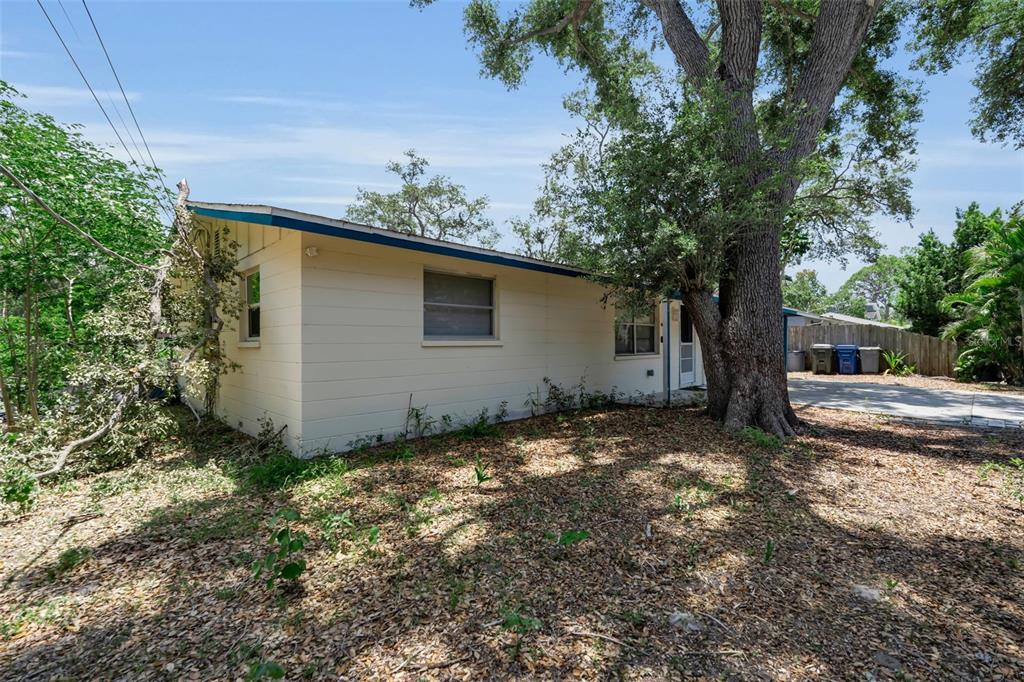 The exterior of a single-story house with light siding, a large tree, and a driveway — 2223 INGRAM AVENUE, SARASOTA, FL