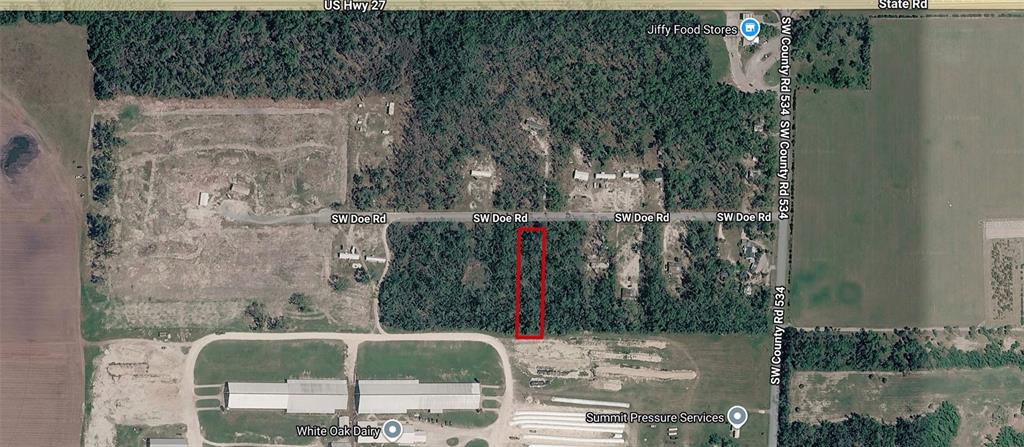 This is an aerial map showing a rectangular parcel of land outlined in red — 00 SW DOE ROAD, MAYO, FL