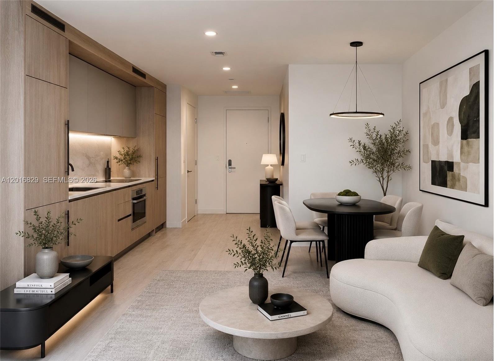 This interior rendering shows an open-concept living and dining area with modern wood cabinetry — 77 SE 5TH ST # 2010, Miami FL 33131, MIAMI, FL