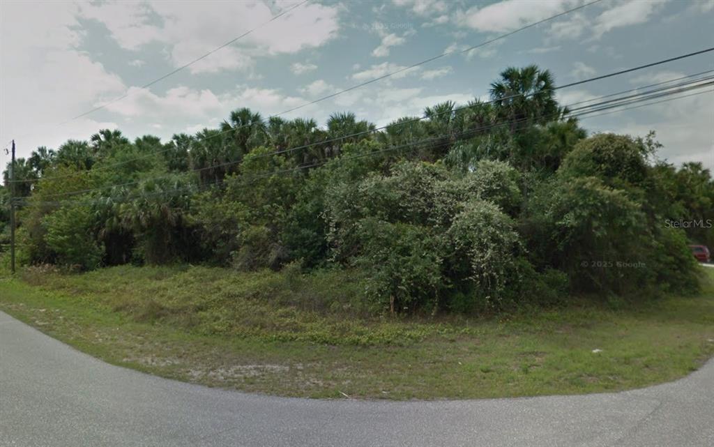 A vacant, heavily wooded corner lot is bordered by a paved road and utility lines — Lot 12 KAABE AVENUE, NORTH PORT, FL