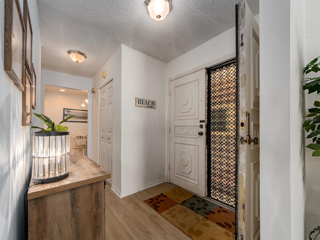 An entryway features wood-look flooring, a white door with a screen, and a wooden console table — 2900 GULF BOULEVARD UNIT 307, BELLEAIR BEACH, FL