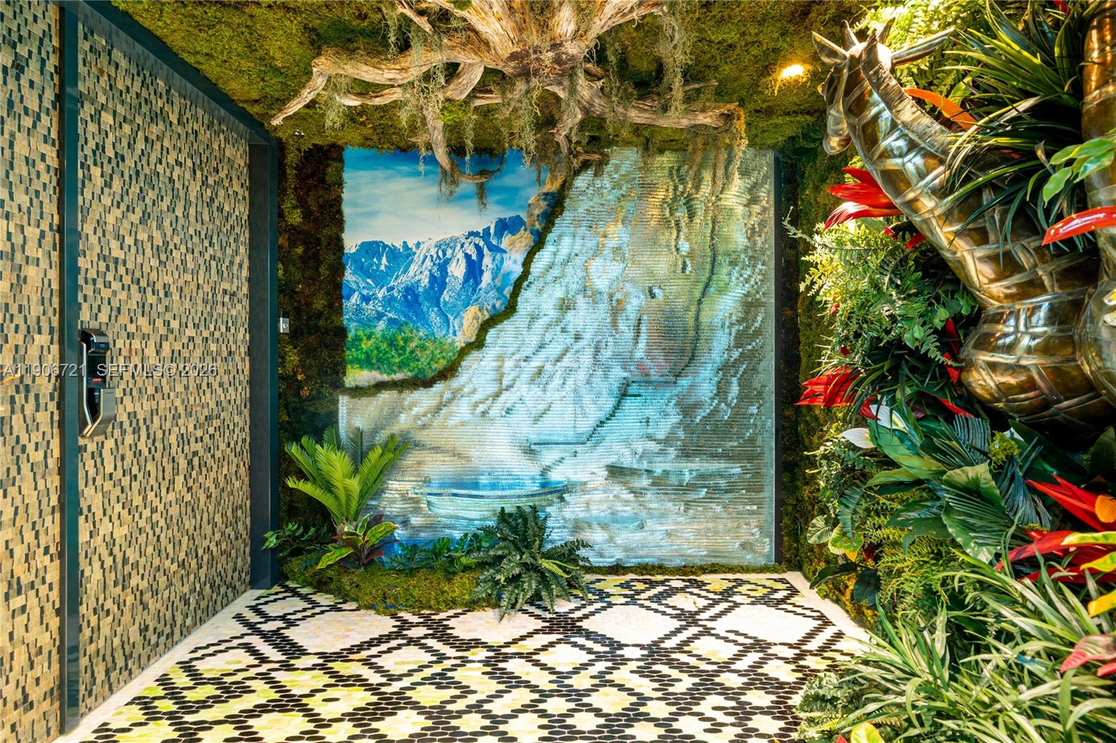 An indoor entryway features a moss-covered ceiling, a mountain mural, and a decorative horse sculpture — 9349 Collins Ave # 205, Surfside FL 33154, SURFSIDE, FL