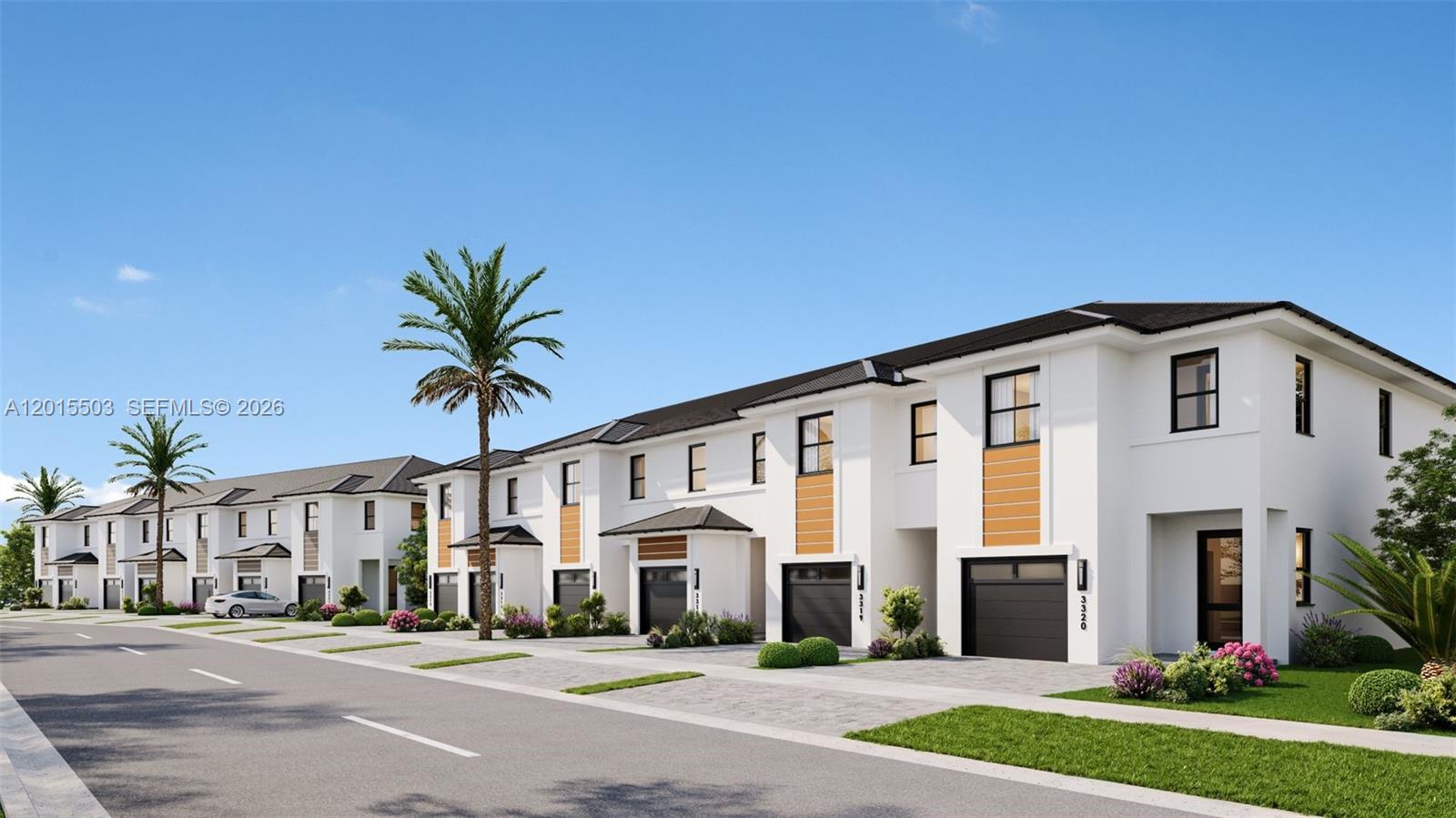 This is a rendering of a row of modern two-story townhouses with attached garages — 11431 SW 230 Terr, Miami FL 33170, MIAMI, FL