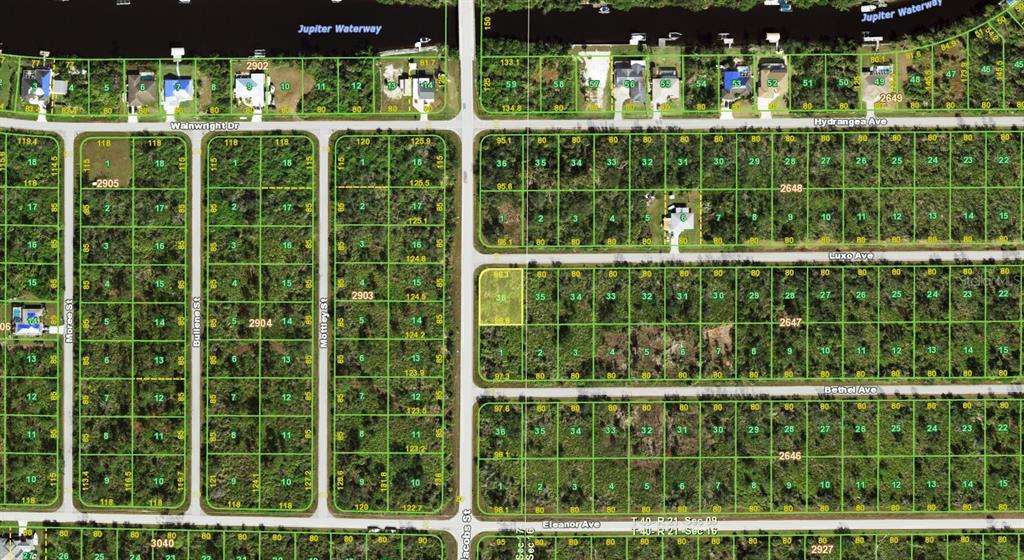 This is a satellite map showing residential lots and streets in a suburban area — 14001 LUXO AVENUE, PORT CHARLOTTE, FL