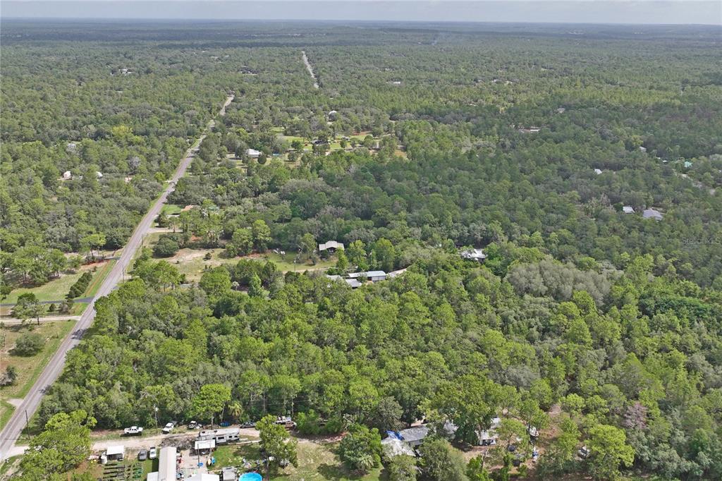 An aerial view shows a rural residential area surrounded by dense forest and a road — 6591 S CANNA LILY AVENUE, HOMOSASSA, FL