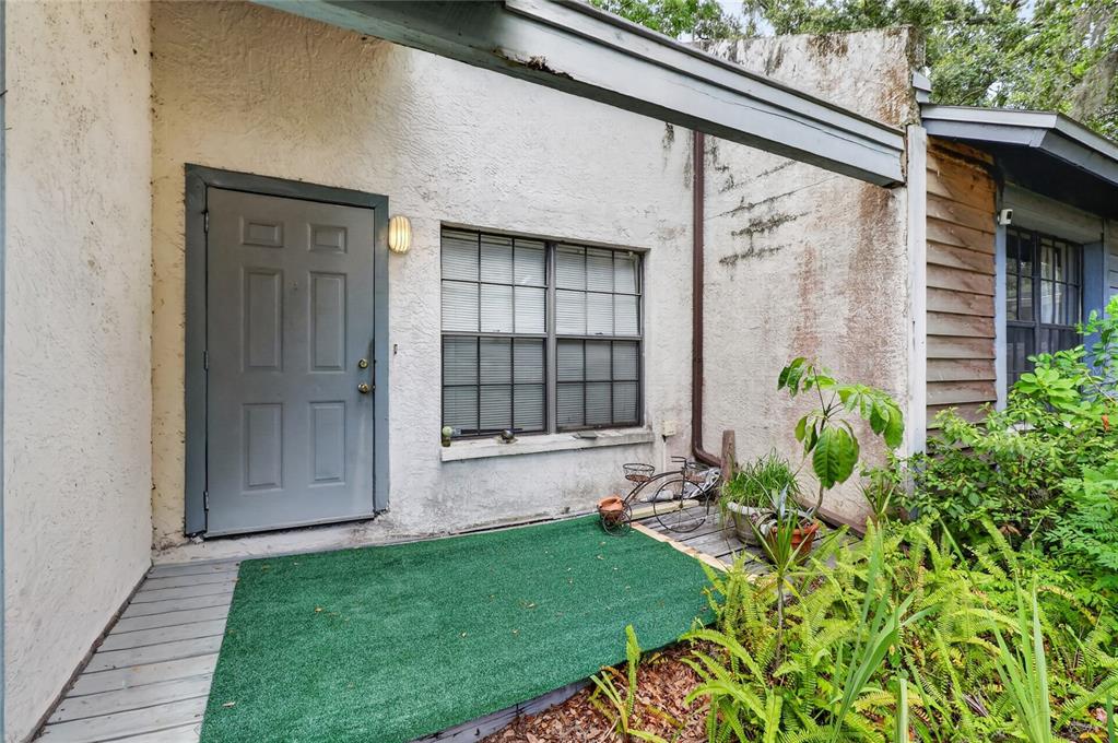 A gray front door and a window sit above a small porch with green turf — 108 12TH AVENUE S, SAFETY HARBOR, FL
