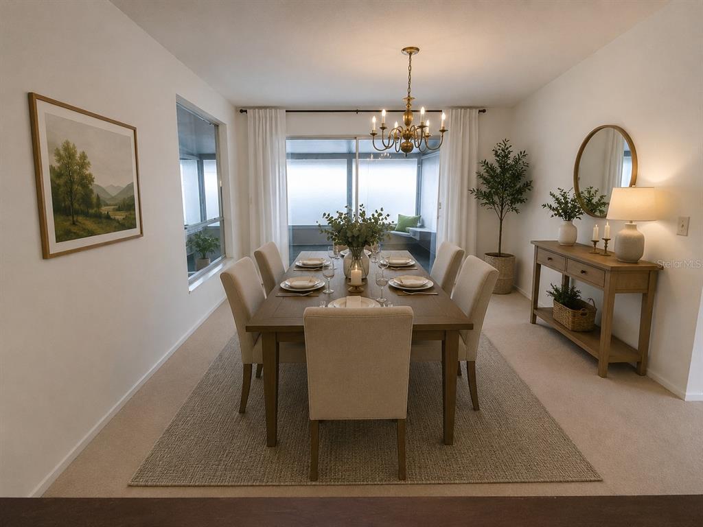 A dining room features a wooden table with six chairs, a chandelier, and a console table — 7125 SILVERMILL DRIVE, TAMPA, FL