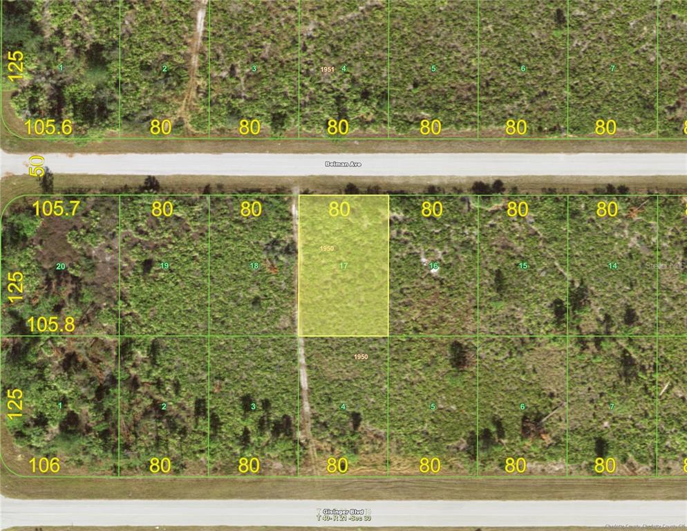 This is a map showing a highlighted rectangular land parcel among several adjacent lots — 12069 BEIMAN AVENUE, PORT CHARLOTTE, FL