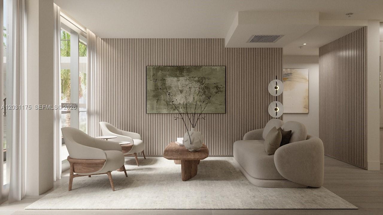 This is a rendering of a modern living room featuring slatted wood walls and neutral furniture — 260 Collins Ave # 302, Miami Beach FL 33139, MIAMI BEACH, FL