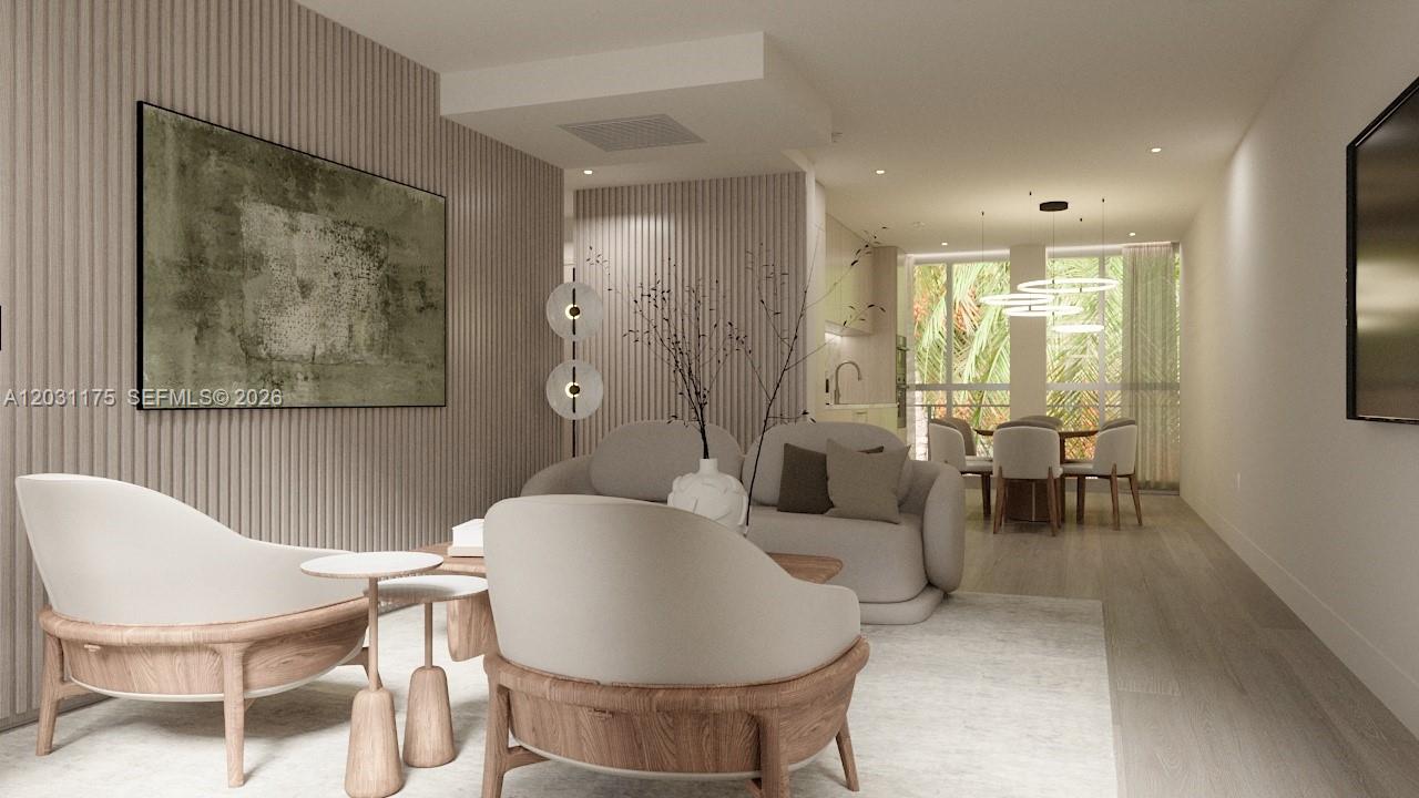 This rendering shows a modern living room with slatted walls, neutral furniture, and a dining area — 260 Collins Ave # 302, Miami Beach FL 33139, MIAMI BEACH, FL