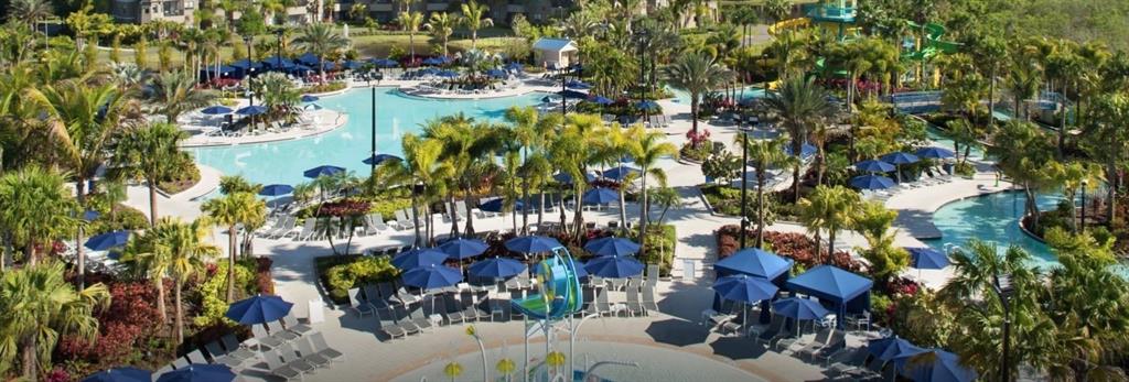An aerial view of a resort-style swimming pool complex surrounded by palm trees and lounge chairs — 14501 GROVE RESORT AVENUE UNIT 3714, WINTER GARDEN, FL