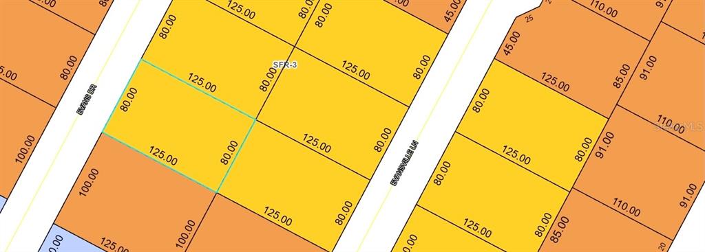 This image is a land survey map showing property lot dimensions along two residential streets — 84 EVANS DRIVE, PALM COAST, FL