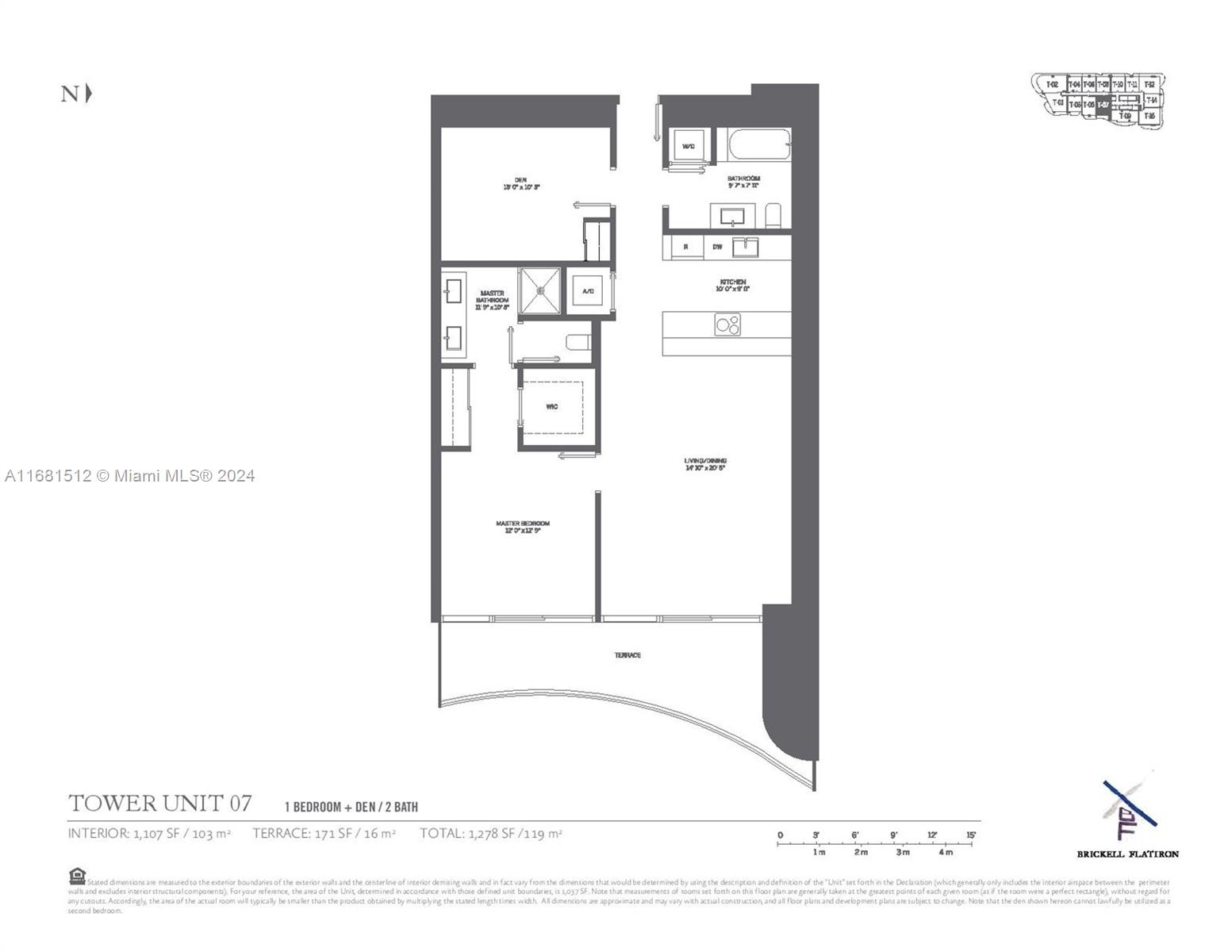 This is a floor plan for a one-bedroom plus den apartment with two bathrooms — 1000 Brickell Plaza # 3307, Miami FL 33131, MIAMI, FL
