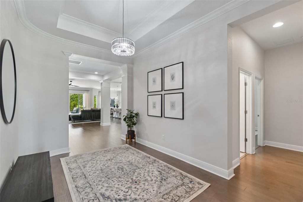 A bright foyer features a tray ceiling, a crystal chandelier, and a patterned area rug — 4000 BLUE LANTANA LANE, LAND O LAKES, FL