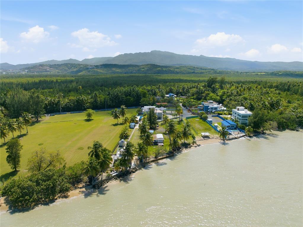 An aerial view shows coastal properties with palm trees, a large grassy lawn, and mountains — Pr 968k 2.1 int Punta Are LAS PICUAS, RIO GRANDE, PR