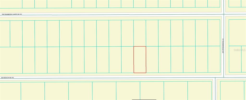 This is a plat map showing a highlighted rectangular parcel of land within a subdivision — 0 SW BEACH BOULEVARD, DUNNELLON, FL
