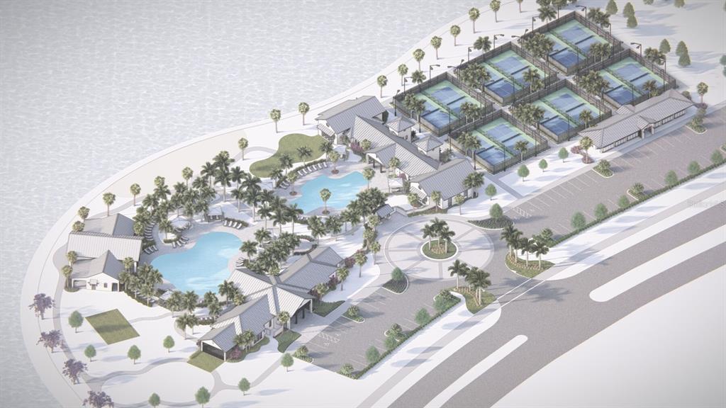 This architectural rendering shows a community clubhouse with a swimming pool and parking lot — 8725 CANARD COVE, PALMETTO, FL