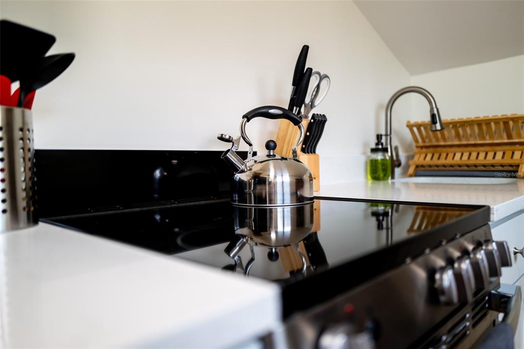 A stainless steel tea kettle sits on a black glass stovetop in a modern kitchen — 127 17TH AVENUE S, ST PETERSBURG, FL