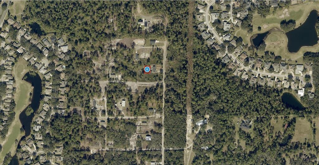 This aerial map shows a residential lot marked with a red circle among wooded surroundings — SUNRISE BOULEVARD, MOUNT DORA, FL