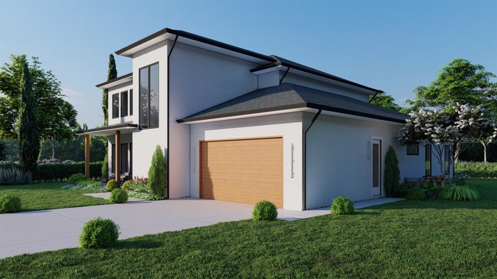 A digital rendering of a modern two-story house with a light-colored exterior and wood-finish garage — 2232 GROVE STREET, SARASOTA, FL